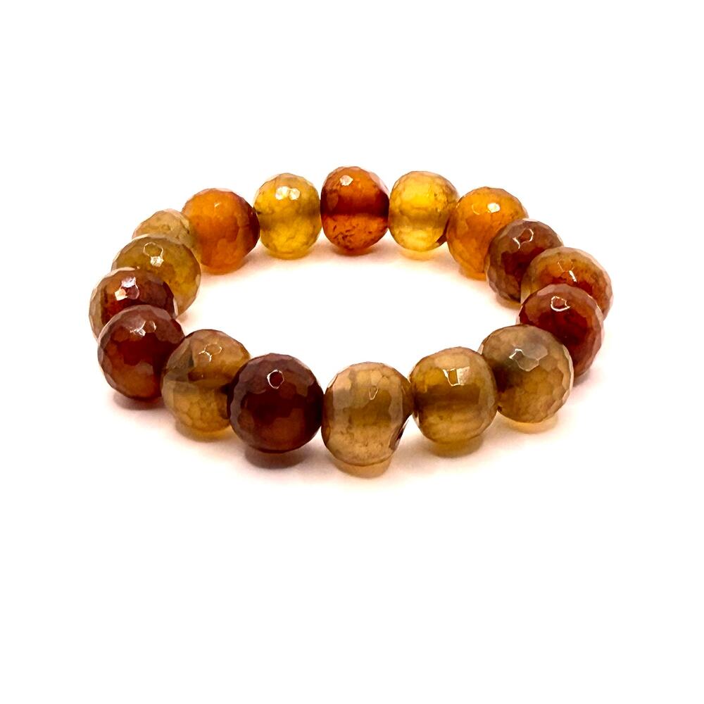Brown Amber-Colored Faceted Agate Gemstone Chunky Stretch Beaded Bracelet